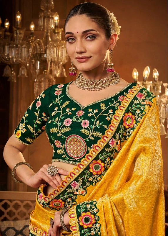 Yellow Silk Saree with Intricate Floral Embroidery