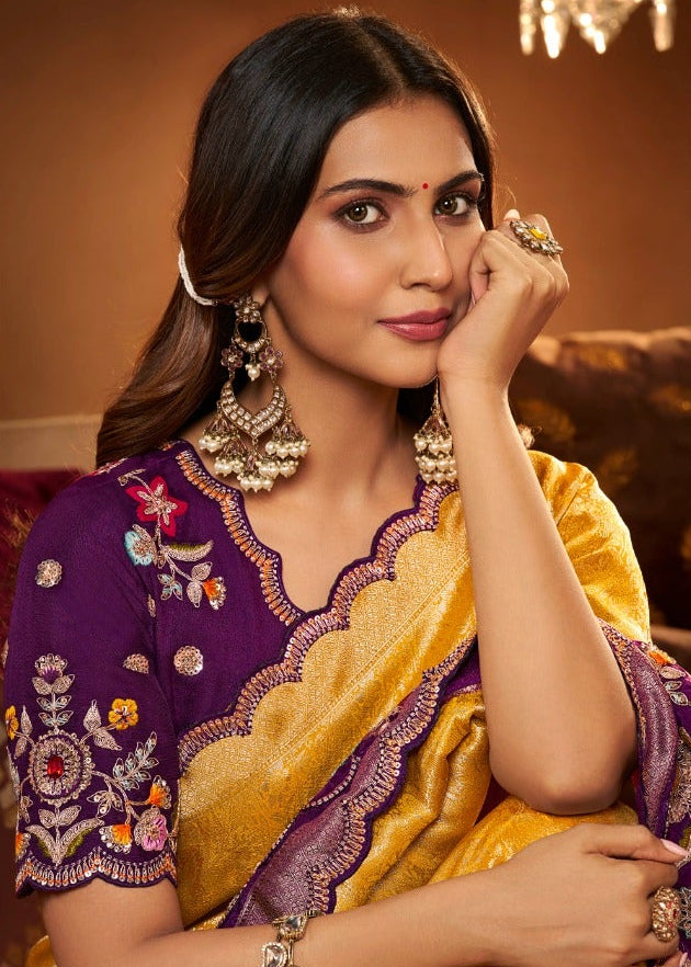 Royal Mustard Gold Silk Saree with Purple Floral Embroidered Border