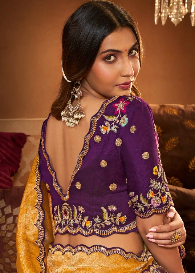 Royal Mustard Gold Silk Saree with Purple Floral Embroidered Border