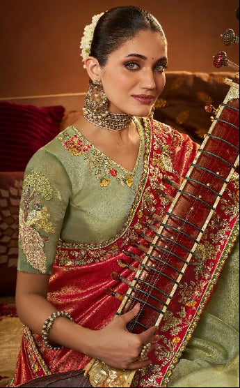 Royal Red and Sage Green Silk Saree with Peacock Embroidery