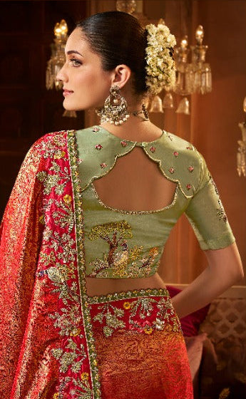 Royal Red and Sage Green Silk Saree with Peacock Embroidery