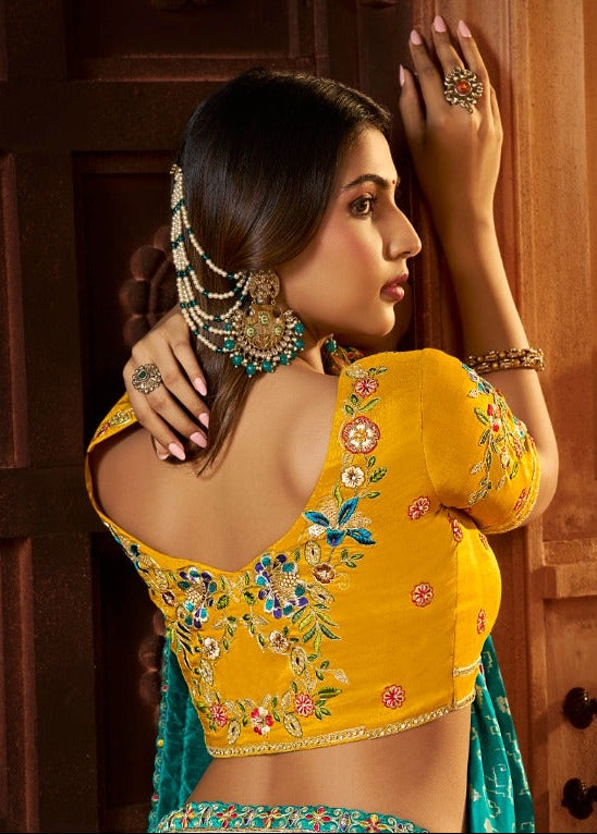 Turquoise Blue Silk Saree with Floral Embroidery