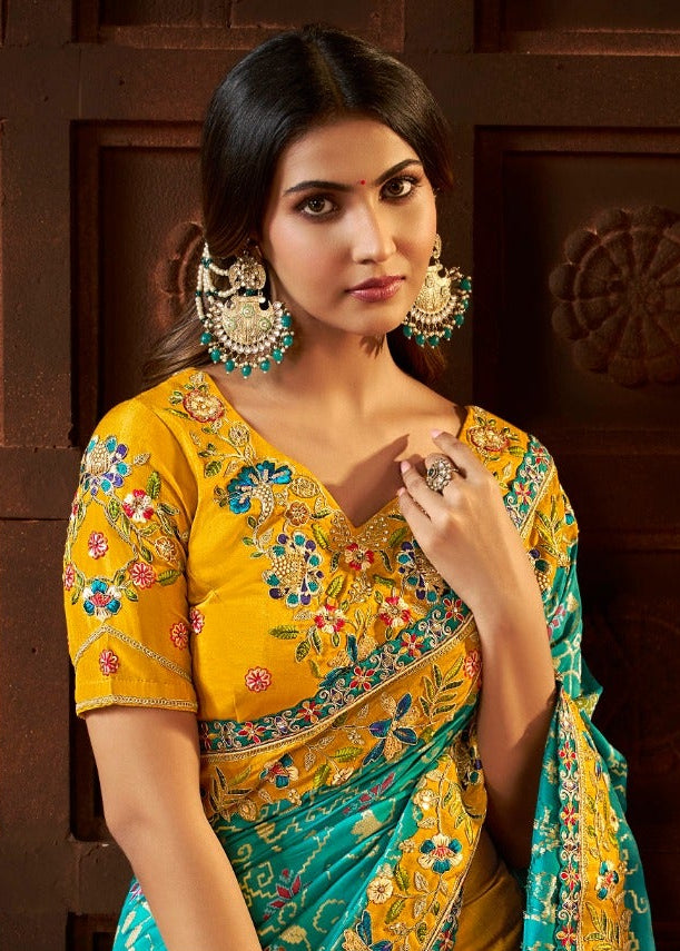 Turquoise Blue Silk Saree with Floral Embroidery