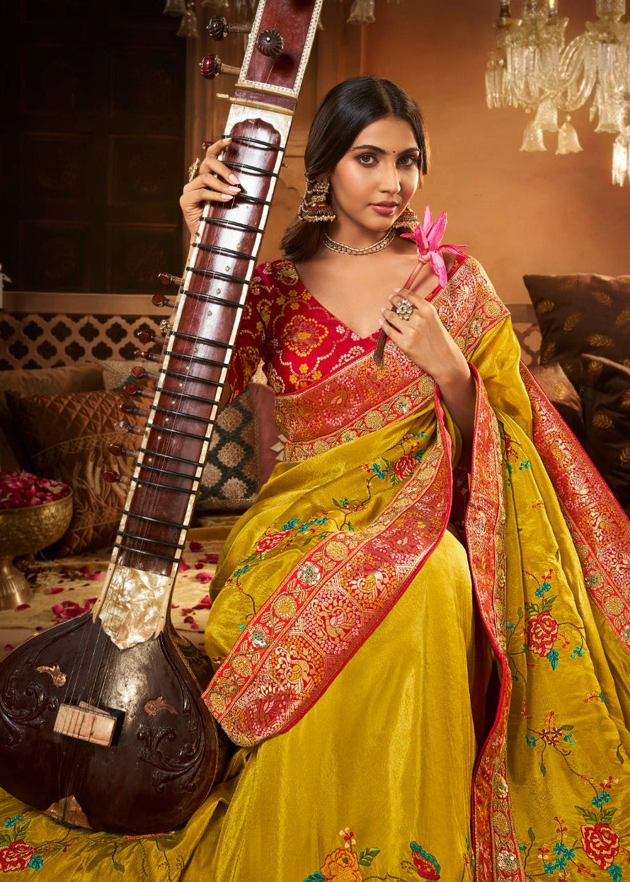 Royal Mustard Yellow Soft Saree with Floral Embroidery