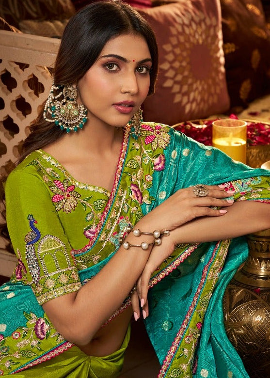 Turquoise Blue Silk Saree with Floral Embroidery and Designer Border