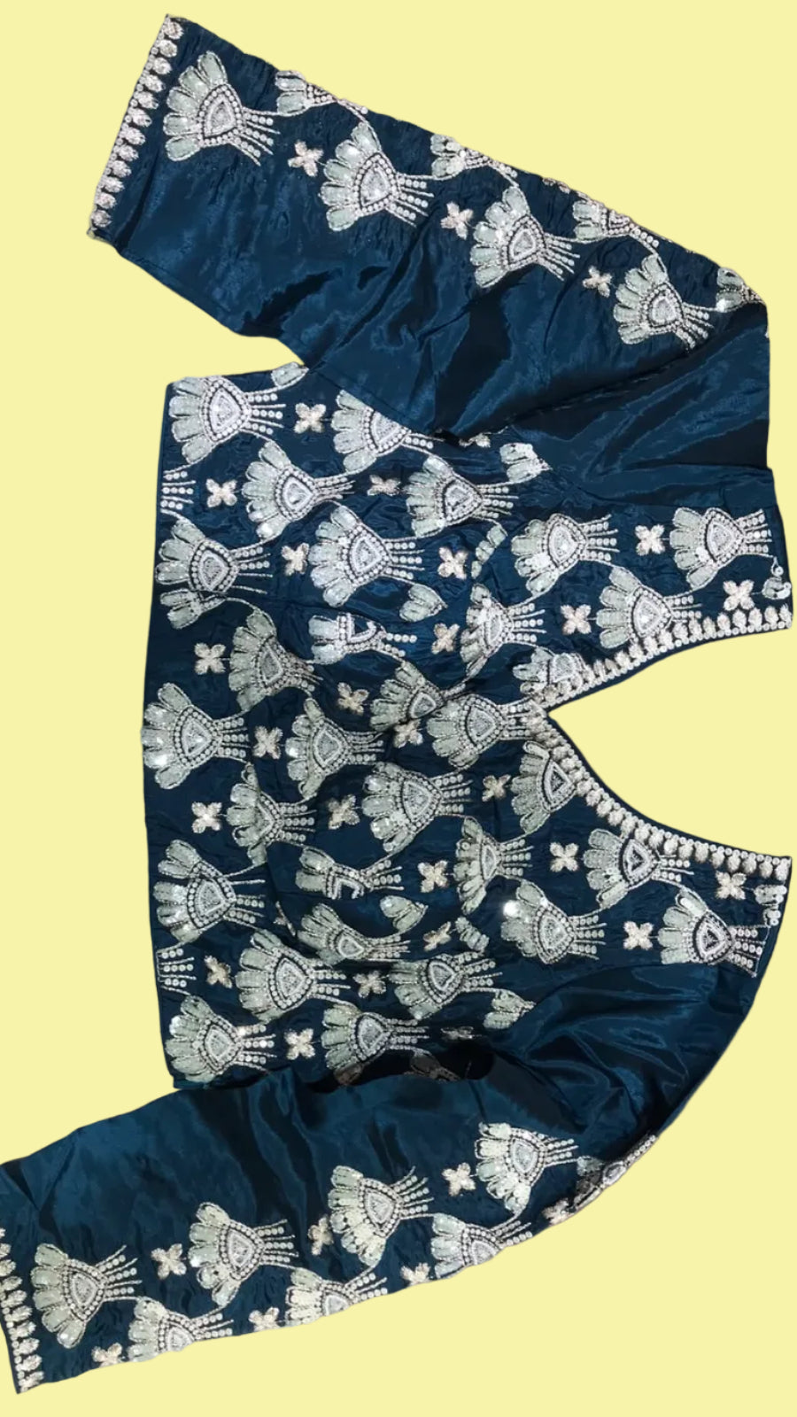 Teal Blue Silk Saree with Elegant Silver Embroidered Scalloped Border Secondary image