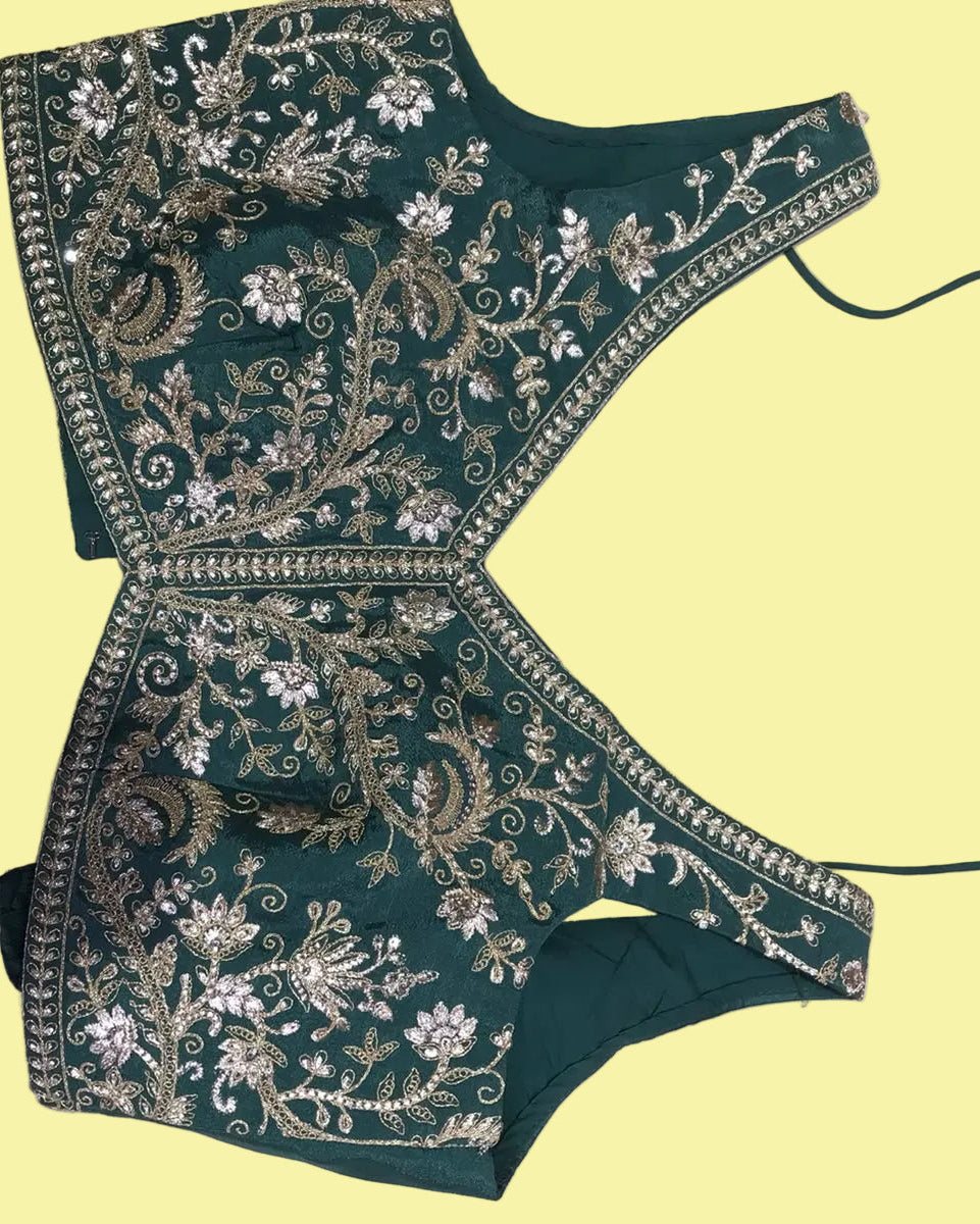Green Soft Saree with Golden Floral Embroidery Secondary image