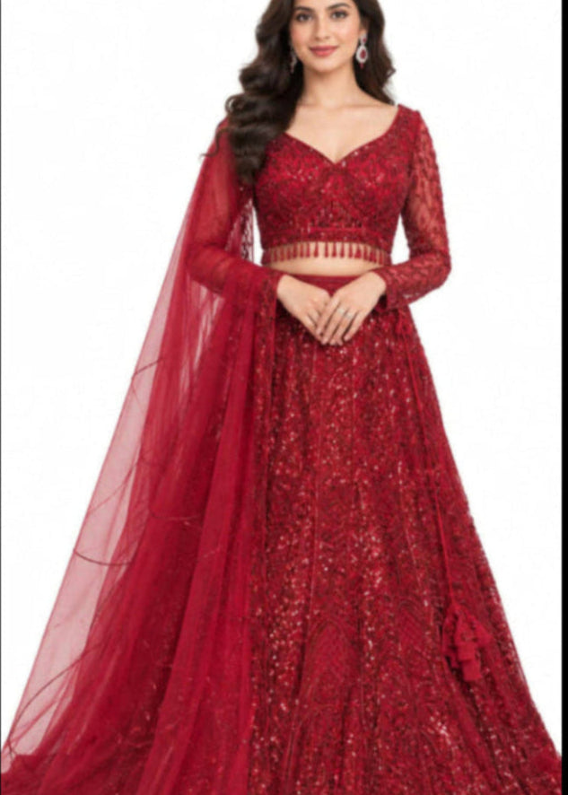 Red Embellished Bridal Lehenga with Dupatta Main image