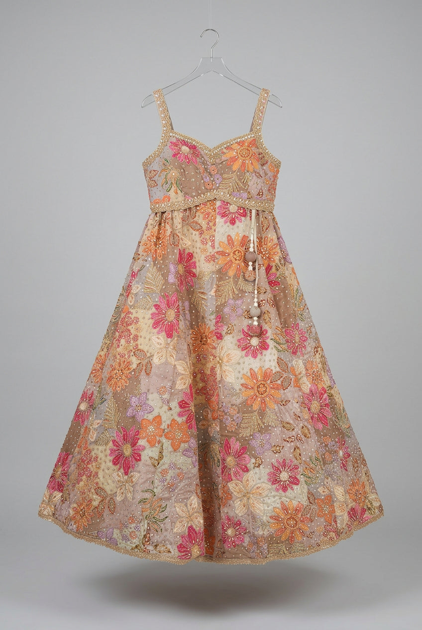 Coral Peach Multi-Hued Floral Embroidered Silk Kalidar Lehenga Choli Set with Embellished Dupatta Secondary image