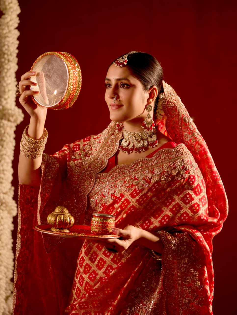 Royal Crimson Bandhani & Zardozi Embroidered Designer Saree