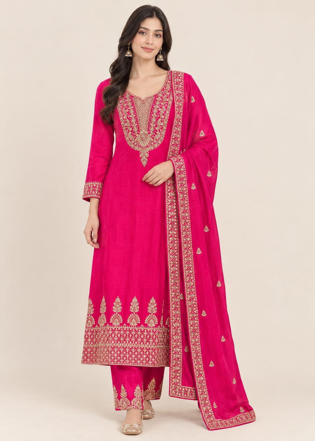 Pink Zari Embroidered Silk Anarkali Suit Set