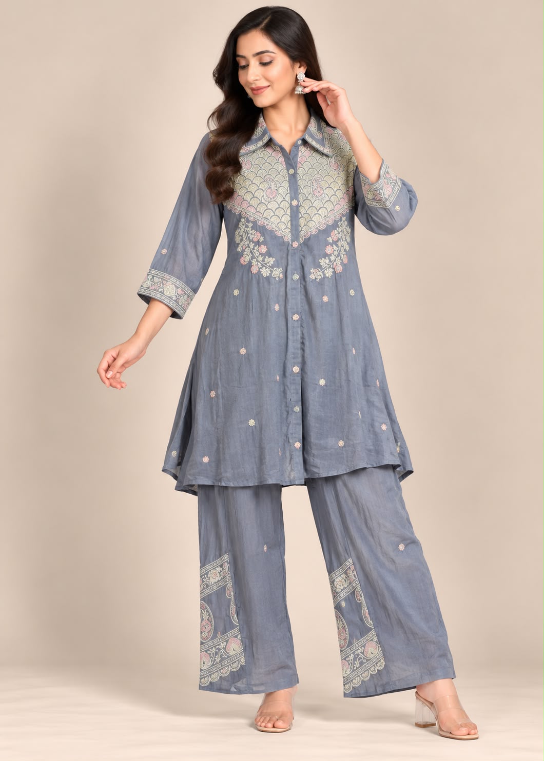 Steel Grey Embroidered Shirt Kurti with Trousers Co-ord Set