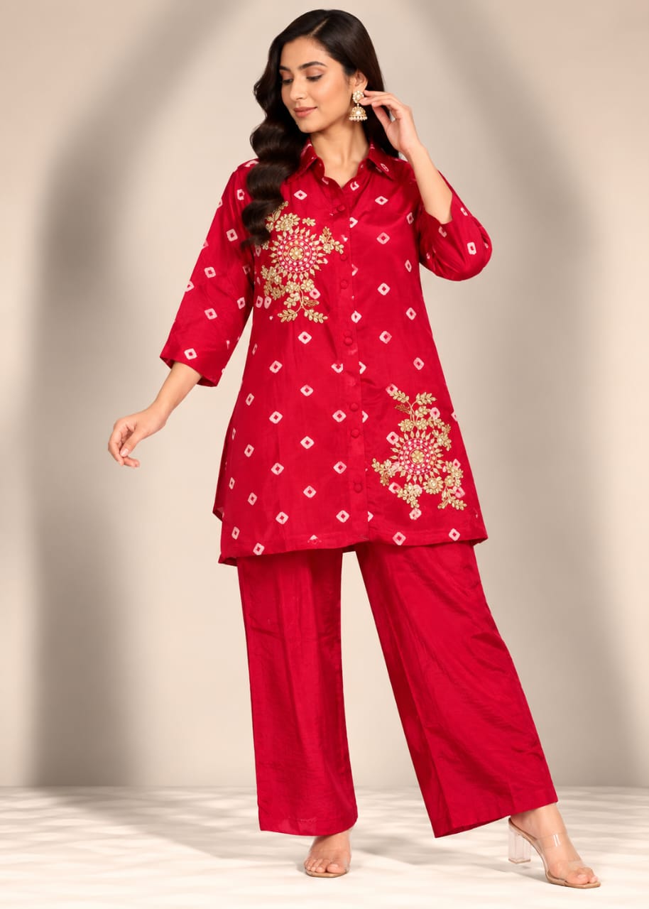 Crimson Red Bandhani-Print Collared Tunic & Trouser Set with Gold Zardozi Floral Motifs