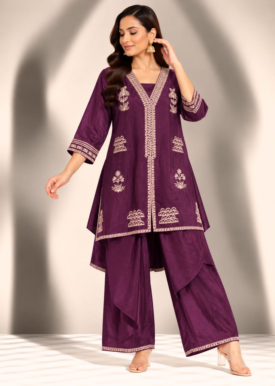 Crimson Red Embroidered Tunic &amp; Trouser Set with Scalloped V-Neckline