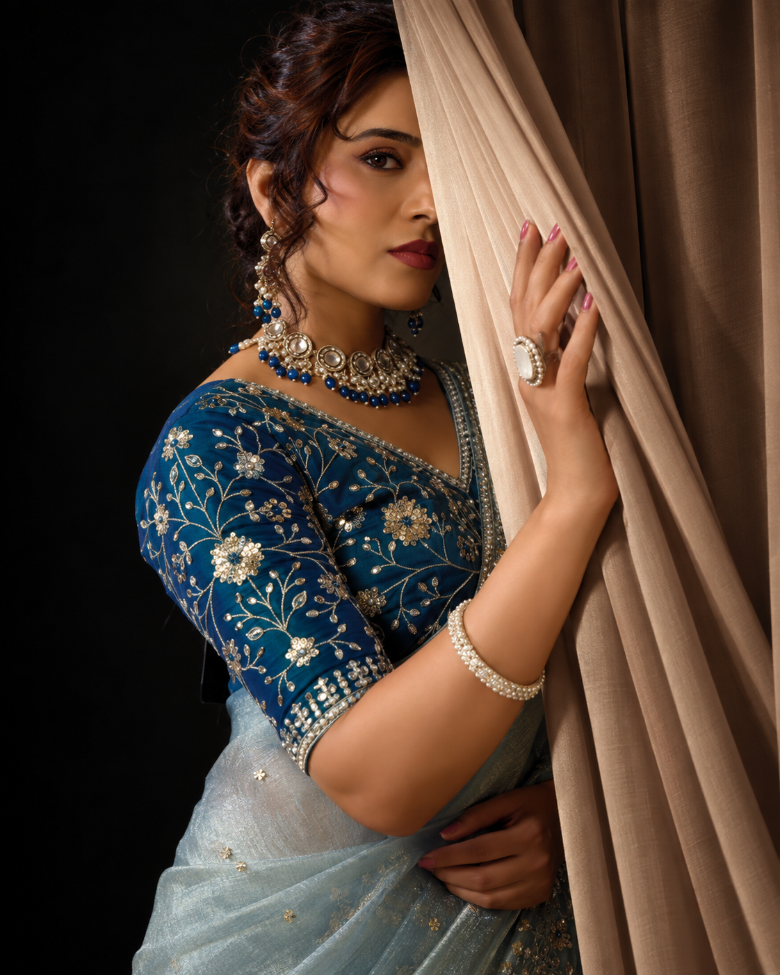Dusty Blue Zari Organza Satin Saree with Golden Embroidery