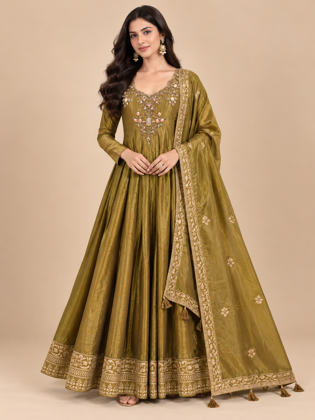 Olive Green Hand-Embroidered Tissue Silk Kalidar Anarkali Gown Set