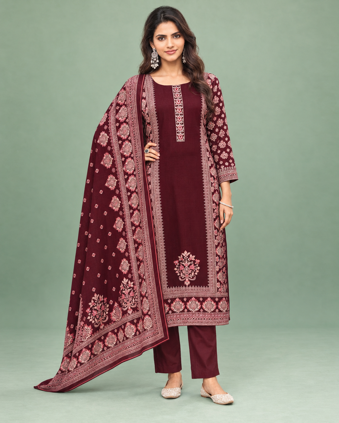 Wine Maroon Embroidered Silk Suit Material Main image