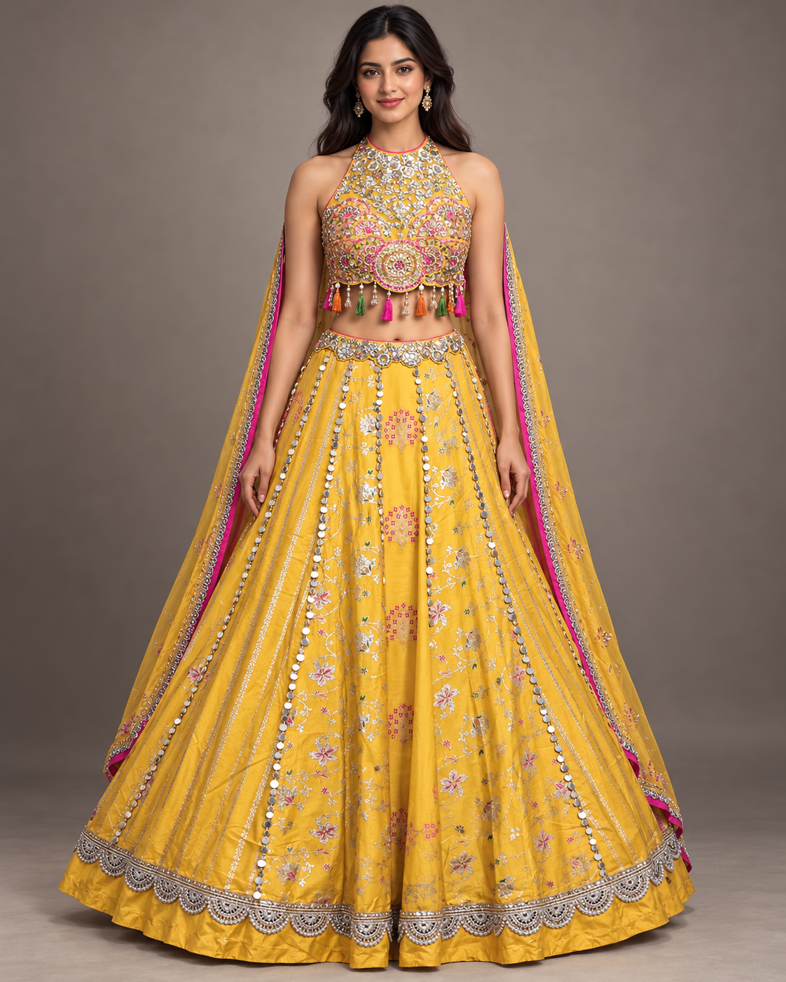 Yellow Mirror Work Halter Lehenga Set Main image