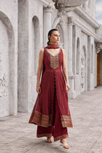 Ruby Red Front-Slit kurti with Geometric Gold Border (ZEENAT M-24)