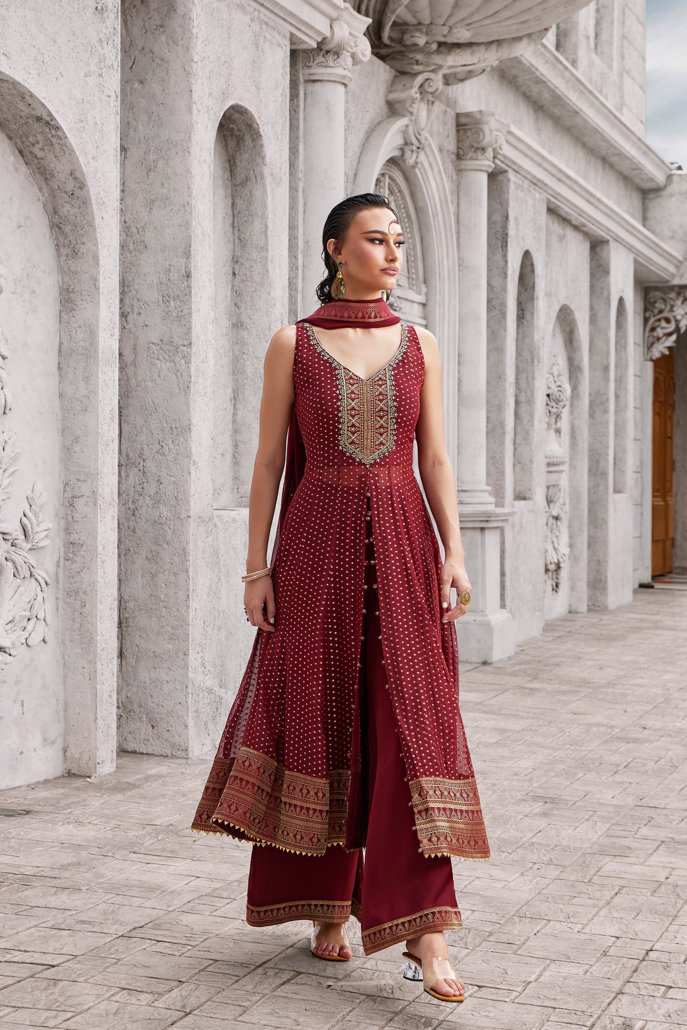 Ruby Red Front-Slit kurti with Geometric Gold Border (ZEENAT M-24)