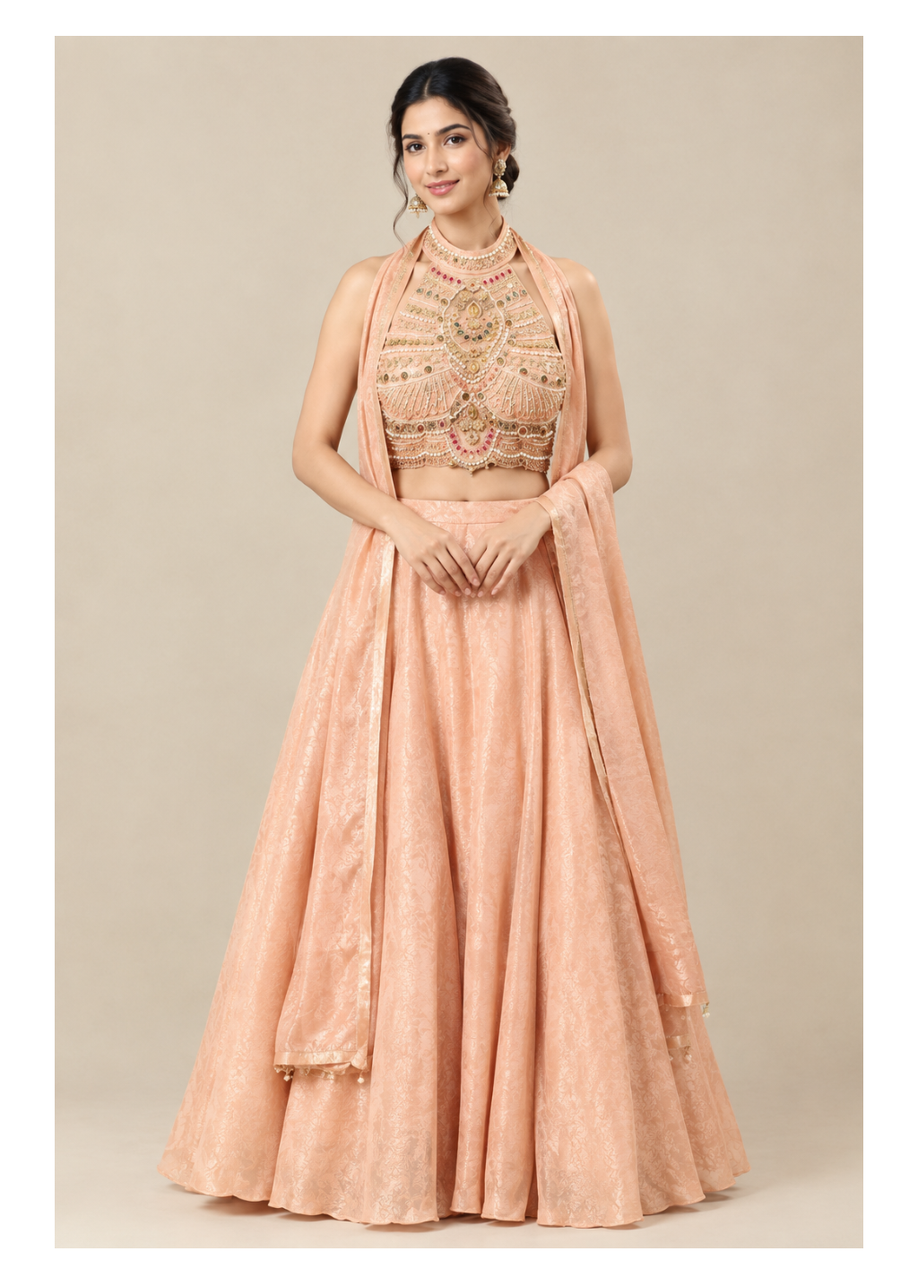 Peach Blush Tissue Silk Lehenga Set with Halter Neck Blouse