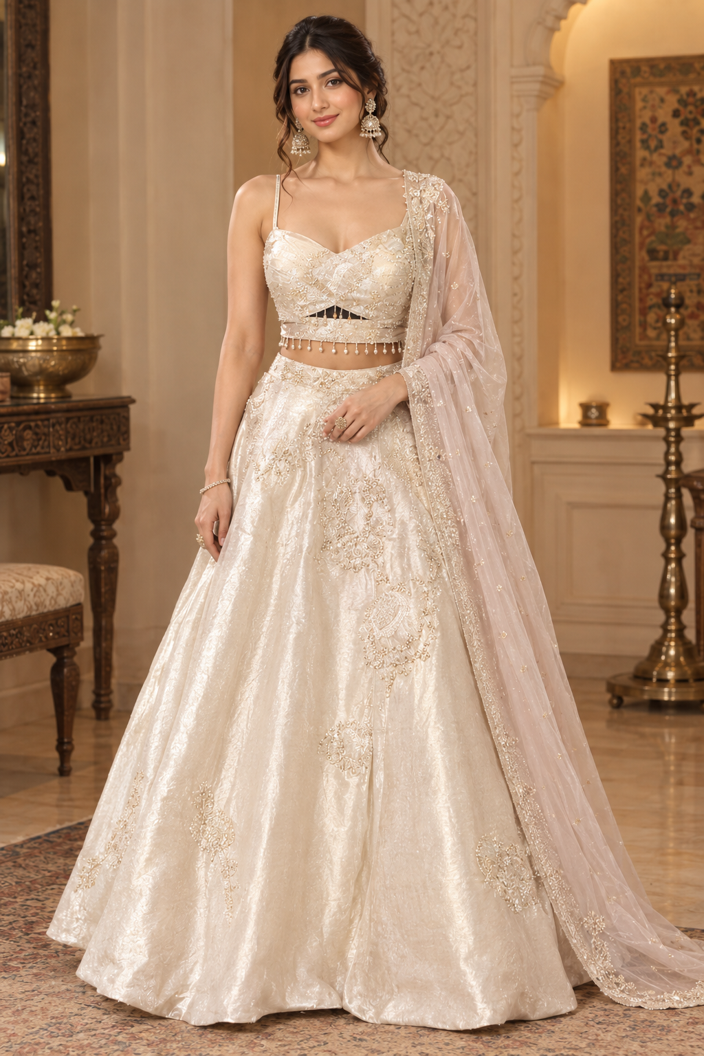 Ivory & Pearl Embellished Brocade Lehenga Set