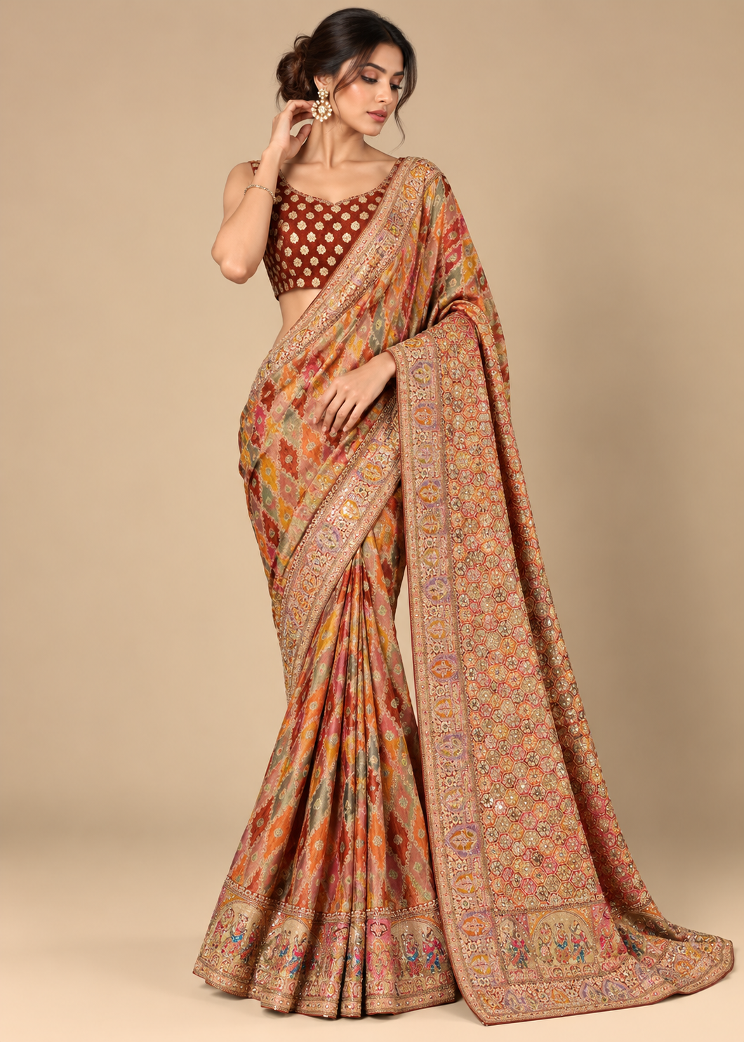 Rust Orange Embellished Patola Saree