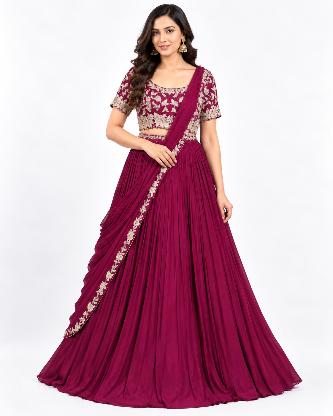 Wine Pleated Lehenga with Floral Embroidered Blouse