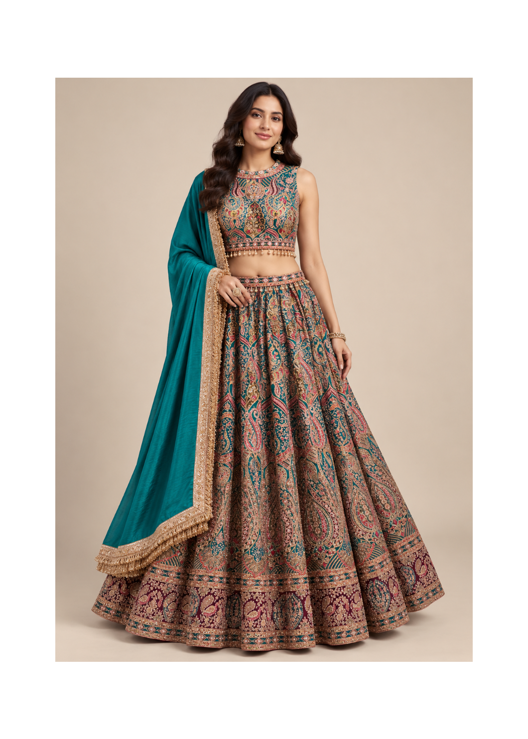 Teal Green Multicolour Embroidered Lehenga Main image