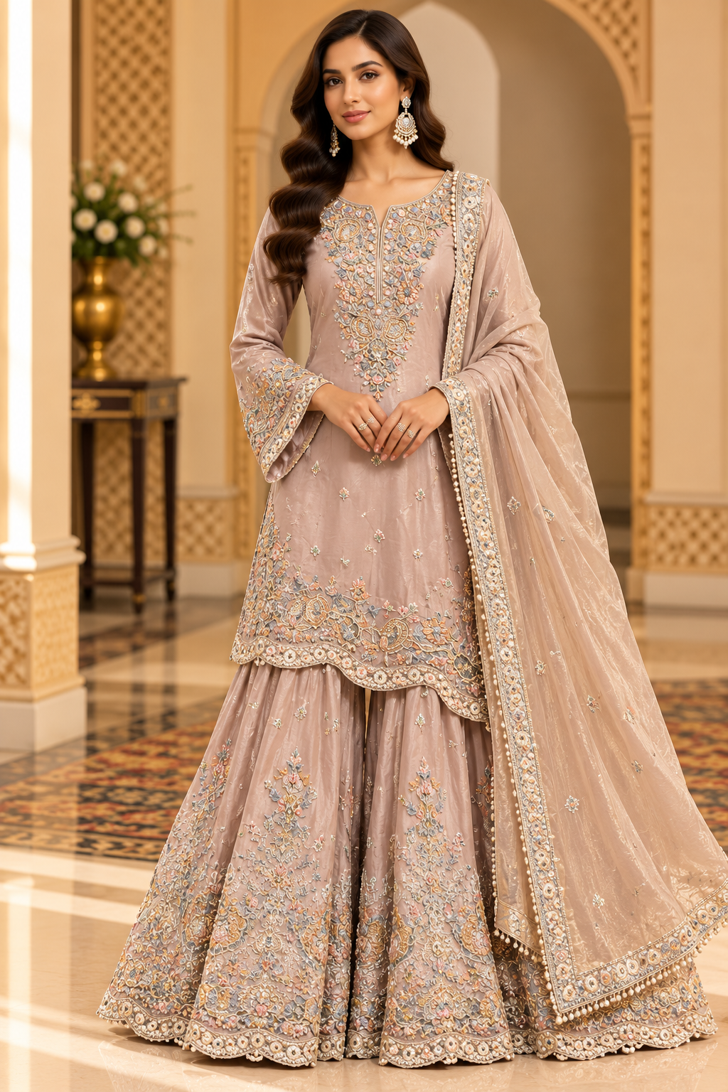 Dusty Mauve Embroidered Palazzo Suit