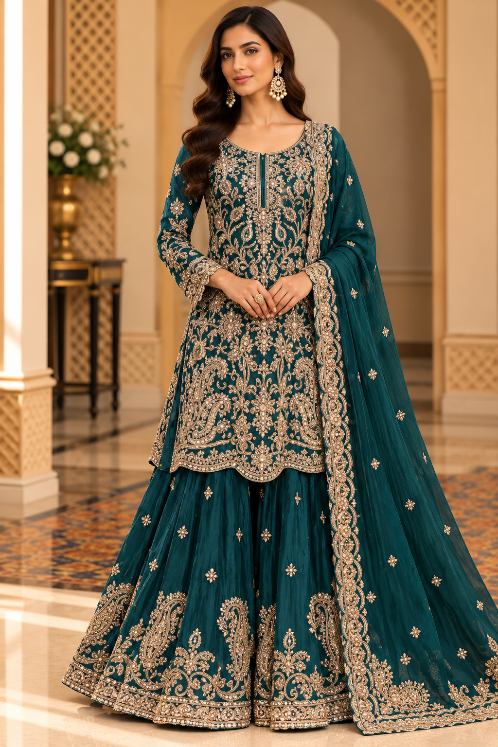 Emerald Green Floral Palazzo Suit
