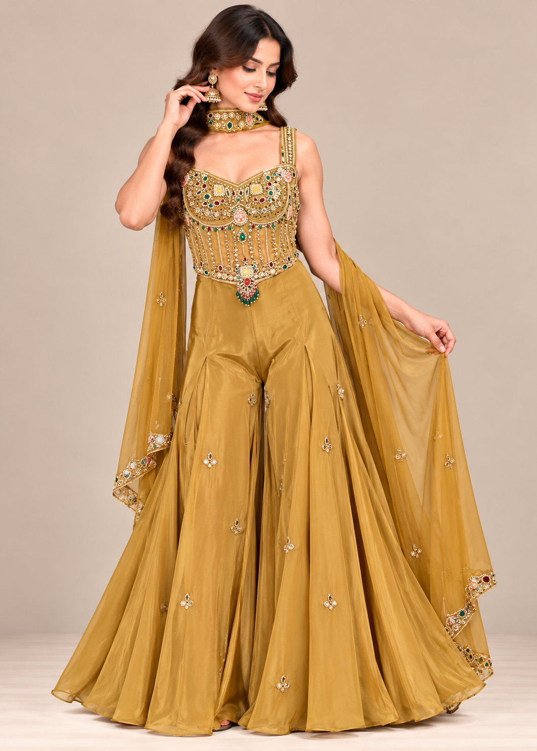 Mustard Gold Embellished Sharara Suit with Dupatta