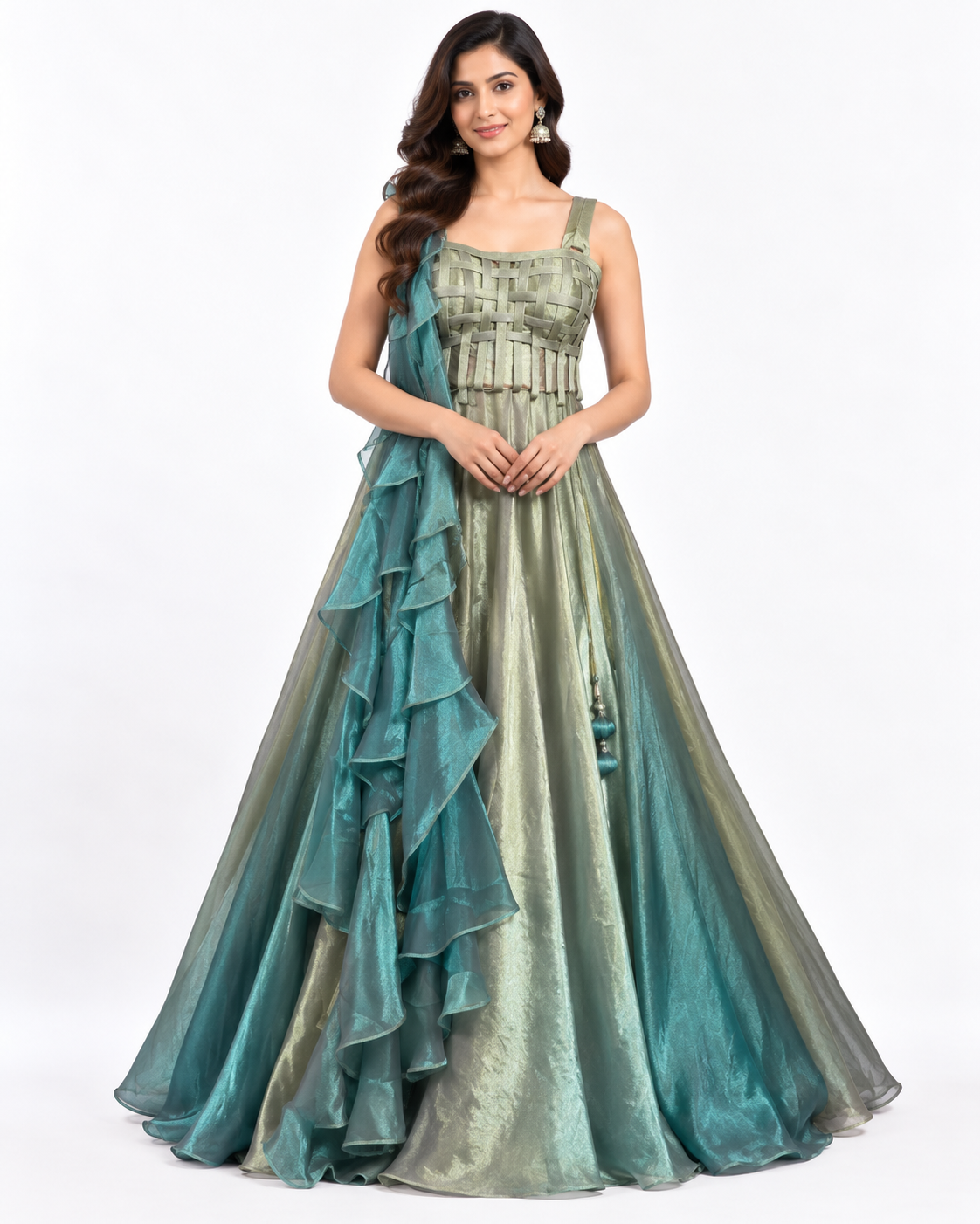 Mehendi Green Lehenga with Lattice Blouse and Ruffled Dupatta