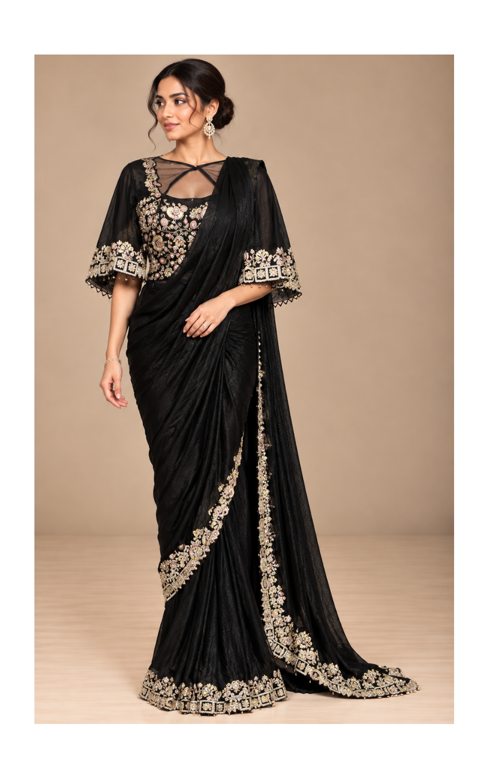Black Textured Saree with Pastel Floral Embroidered Borders and Embellished Blouse