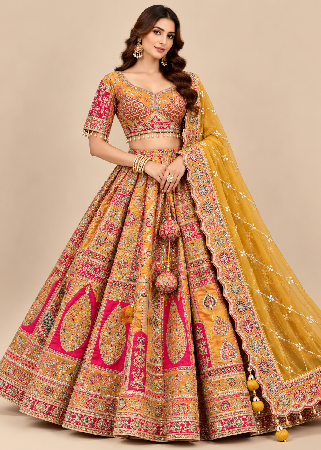 Mustard & Rani Pink Multi-Panel Embroidered Bridal Lehenga Set