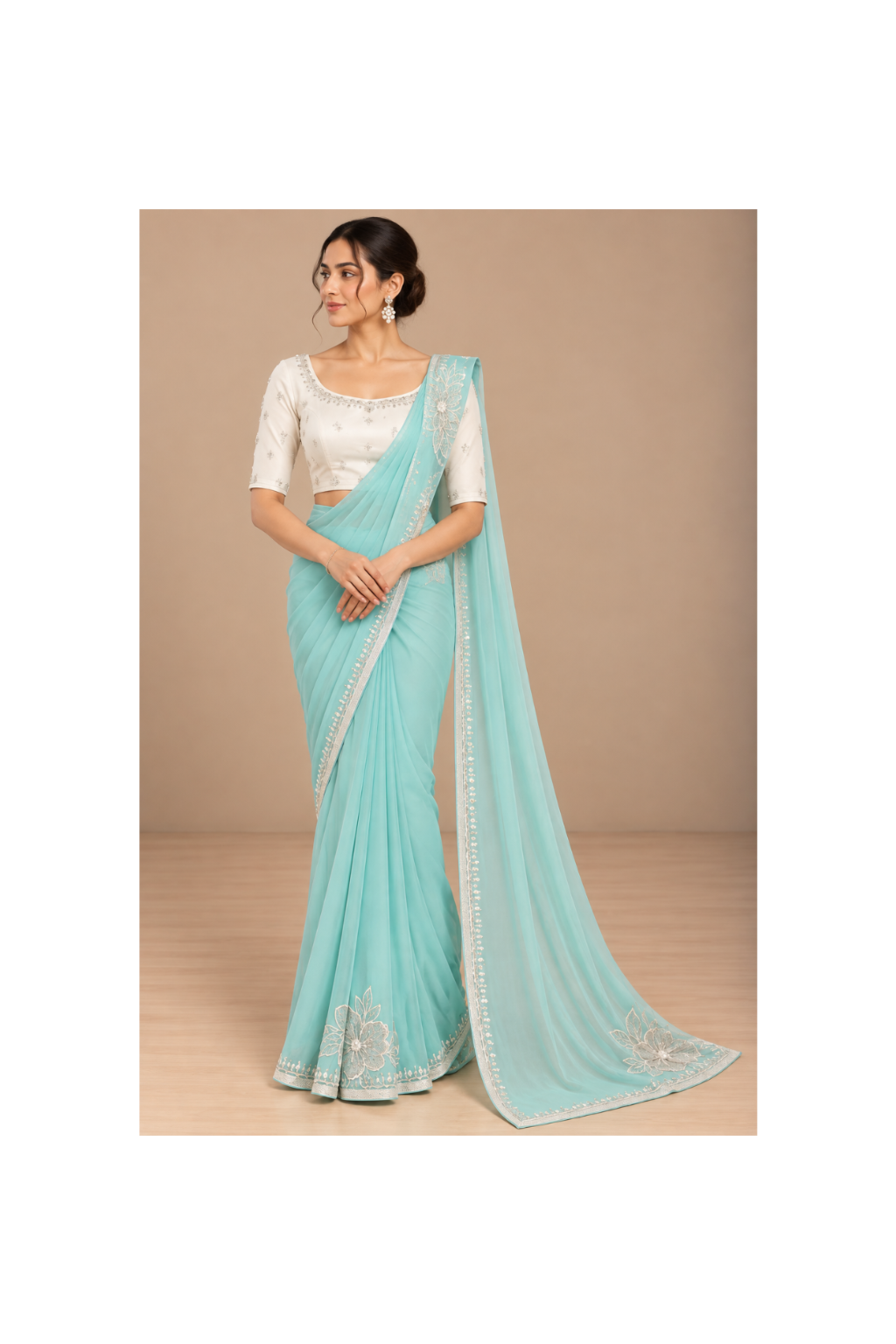 Aqua Floral Embroidered Saree