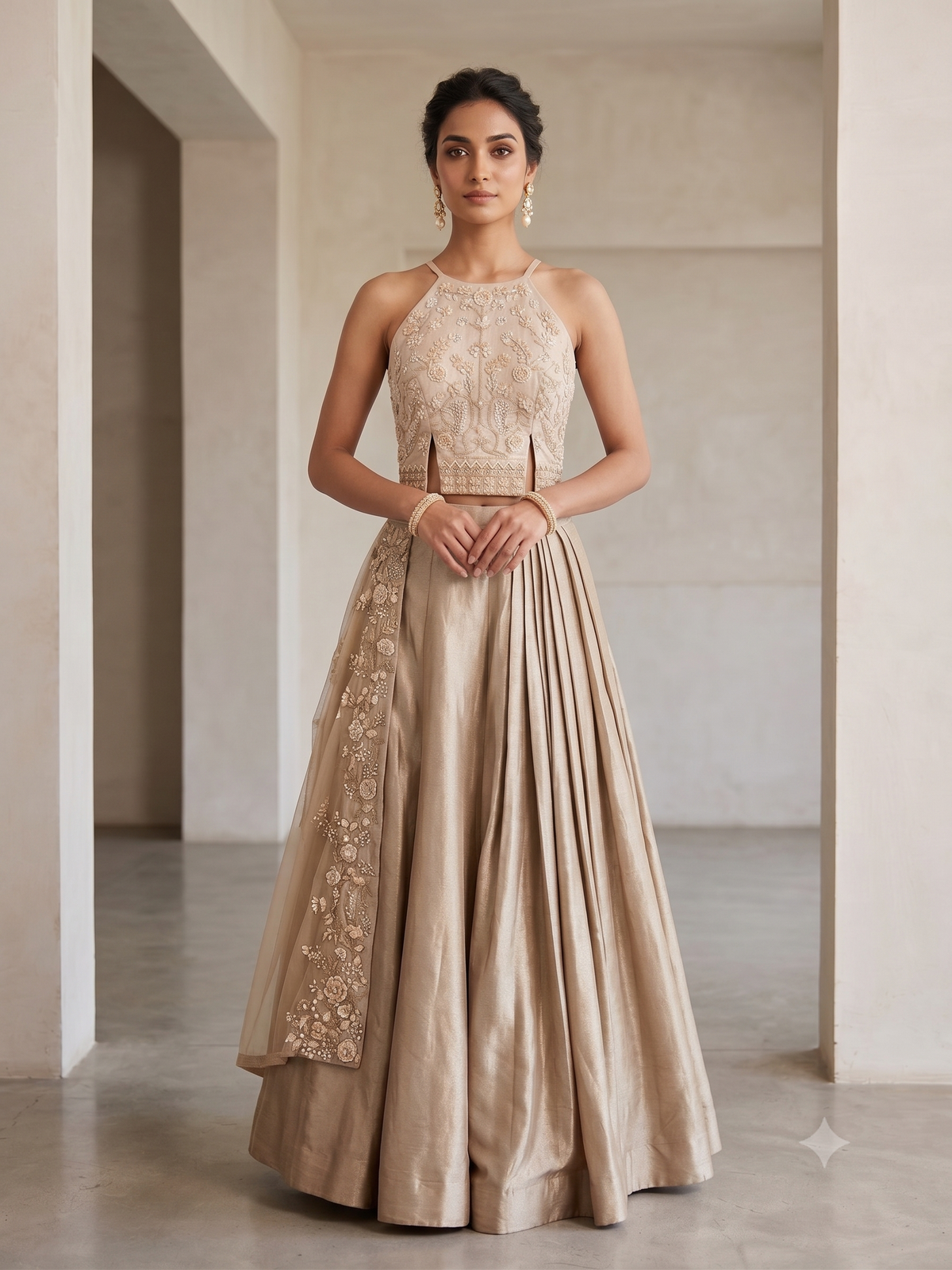 Champagne Gold Embroidered Halter Tunic &amp; Pleated Lehenga Set
