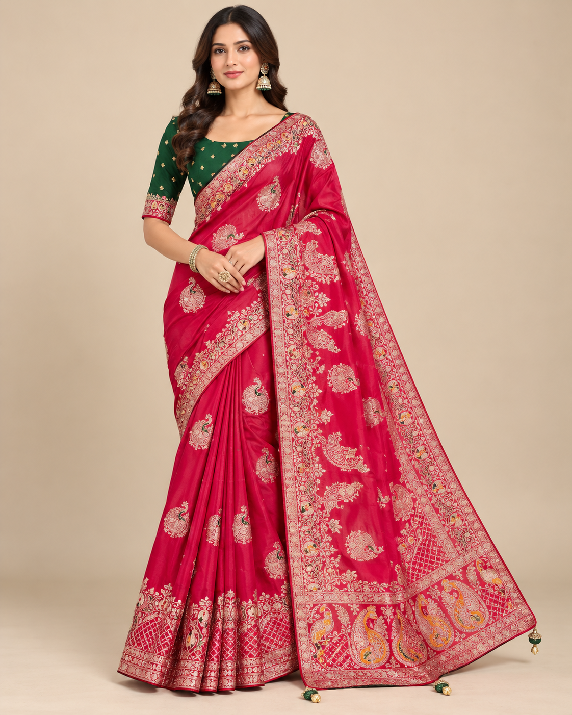 Crimson Red Gold Zari Peacock Silk Saree