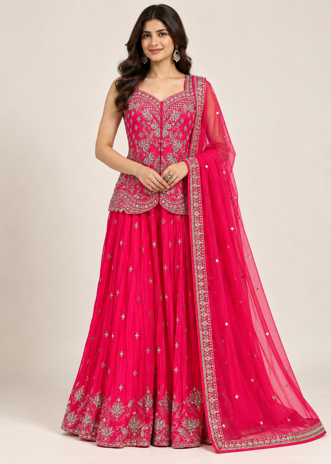 Rani Pink Embroidered Peplum Top with Skirt Set Main image