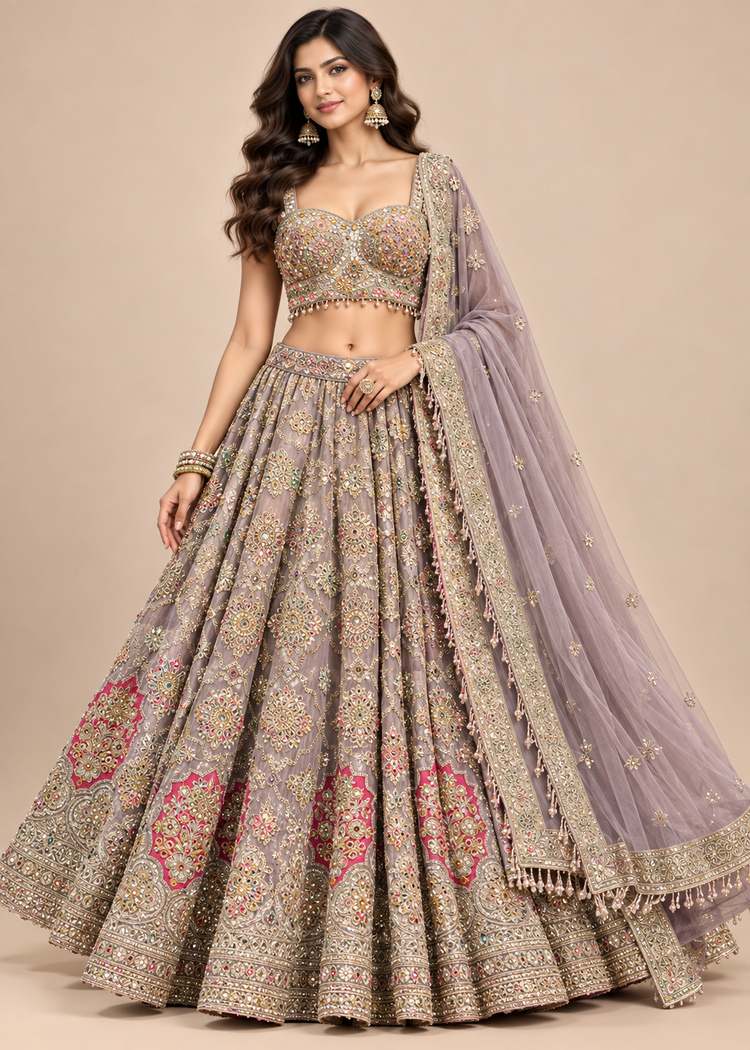 Mauve-Grey Embroidered Bridal Lehenga Set Main image