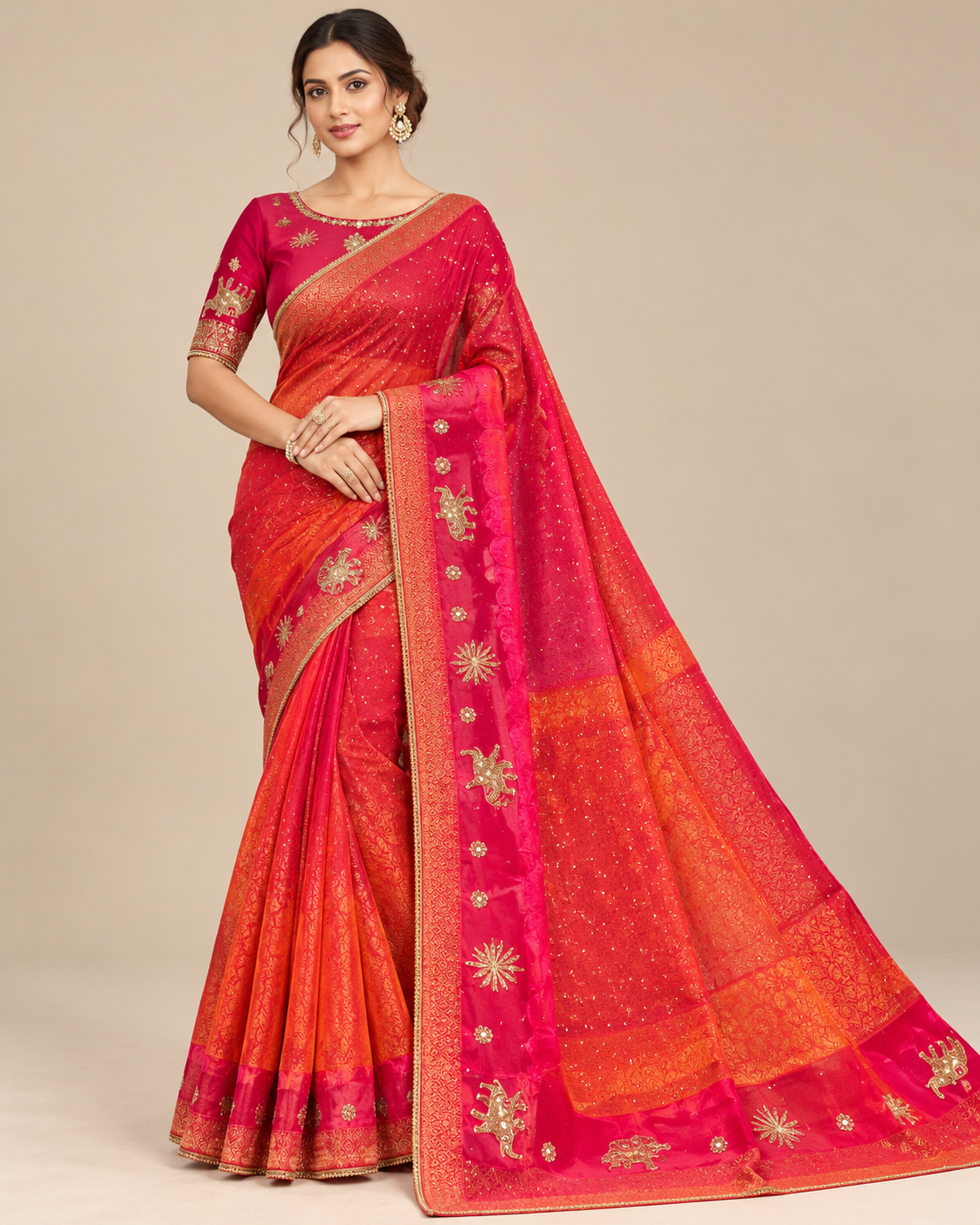 Red and Pink Ombré Silk Saree with Embroidered Blouse