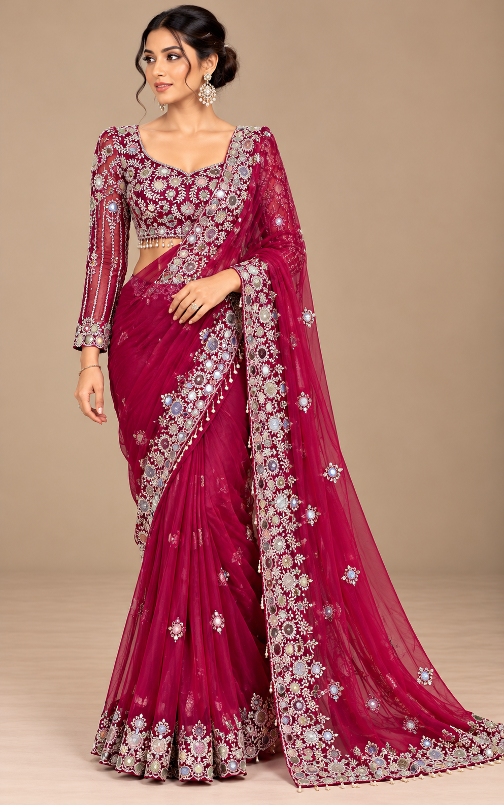 Wine Mirror Work Saree