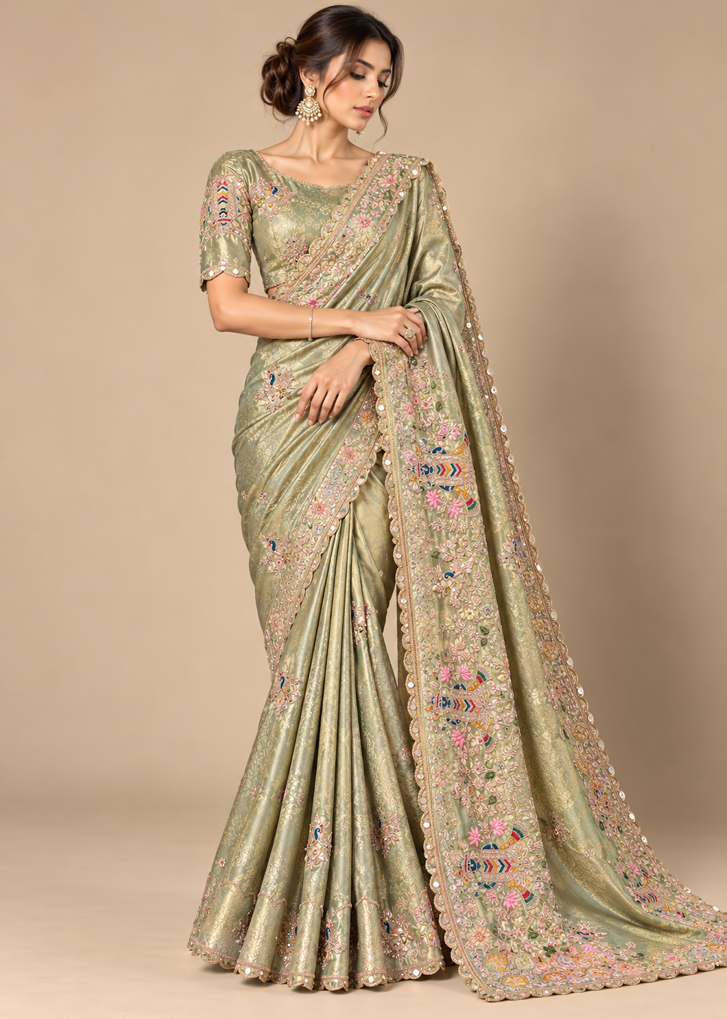 Sage Green Scalloped Brocade Saree