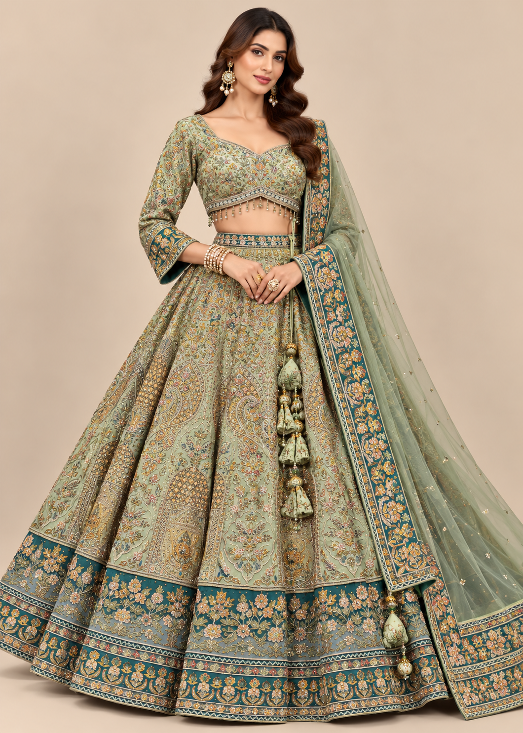 Sage Green Embroidered Lehenga with Contrasting Dupatta