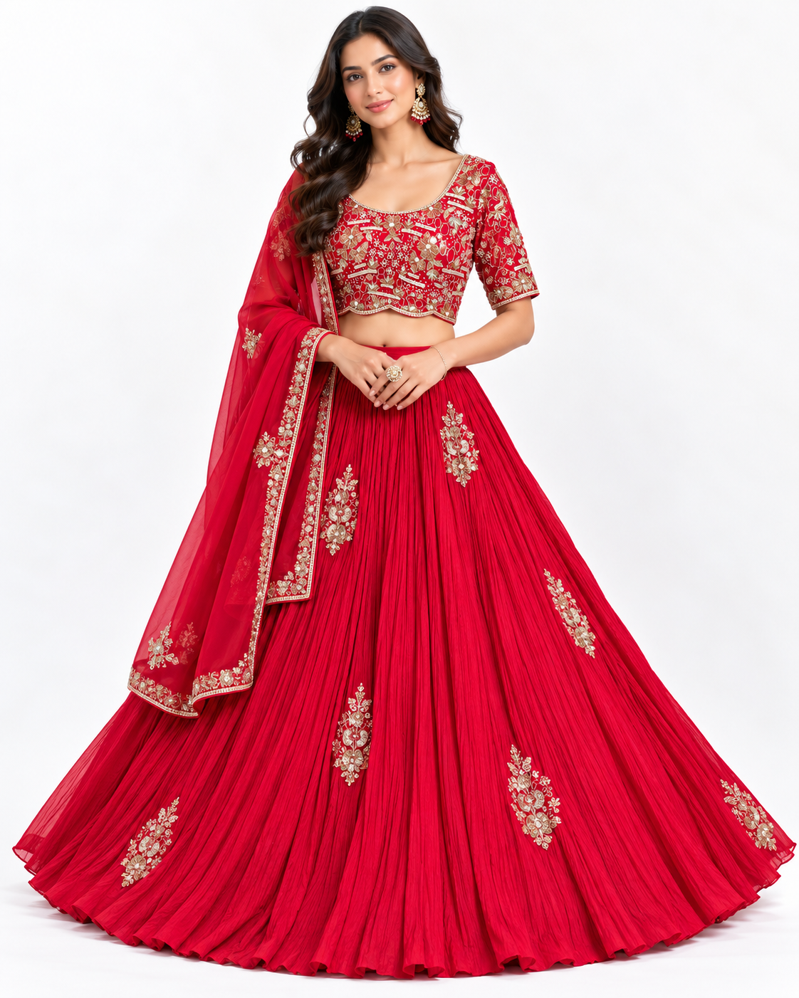 Red Pleated Embroidered Lehenga
