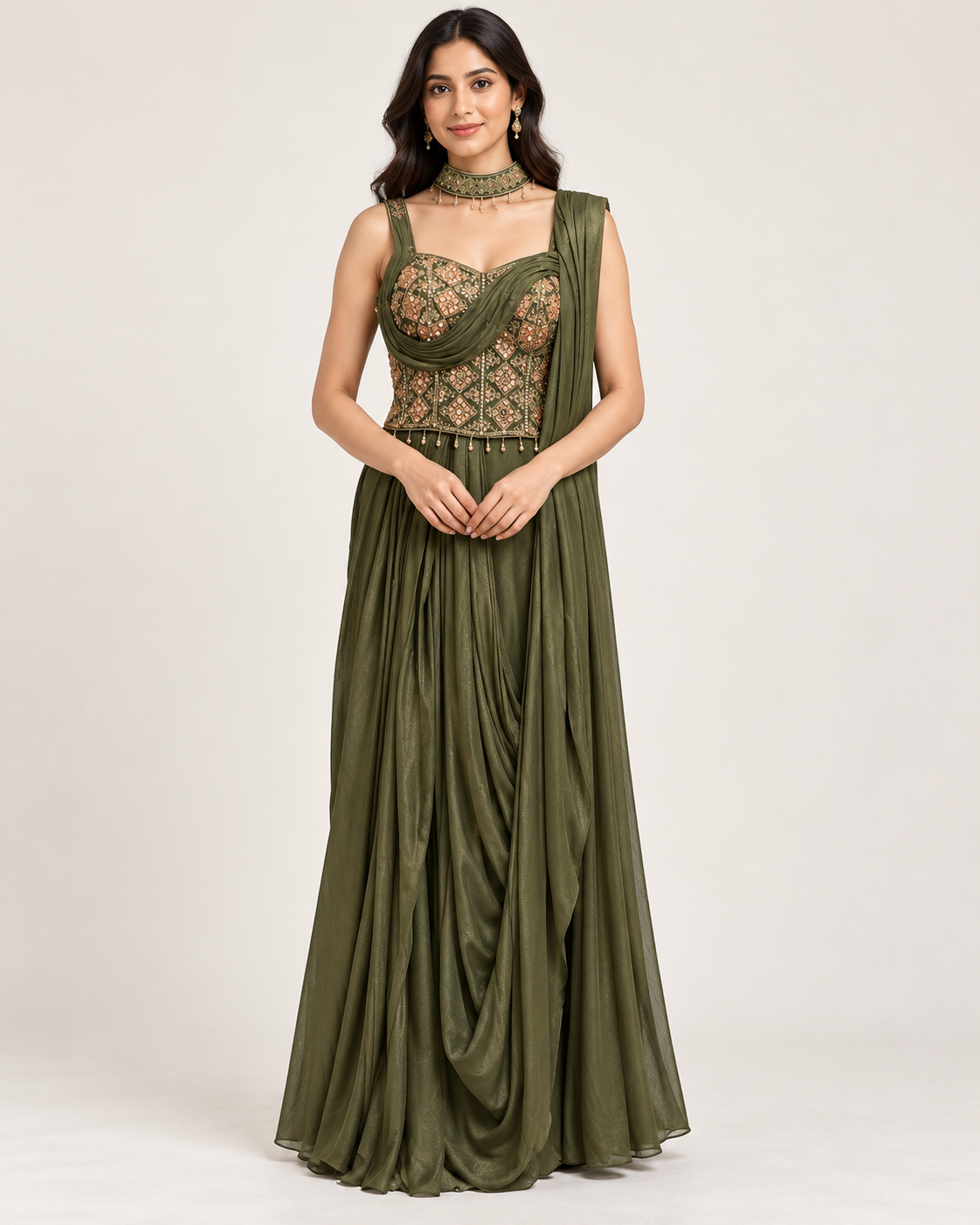 Olive Green Embellished Anarkali Gown
