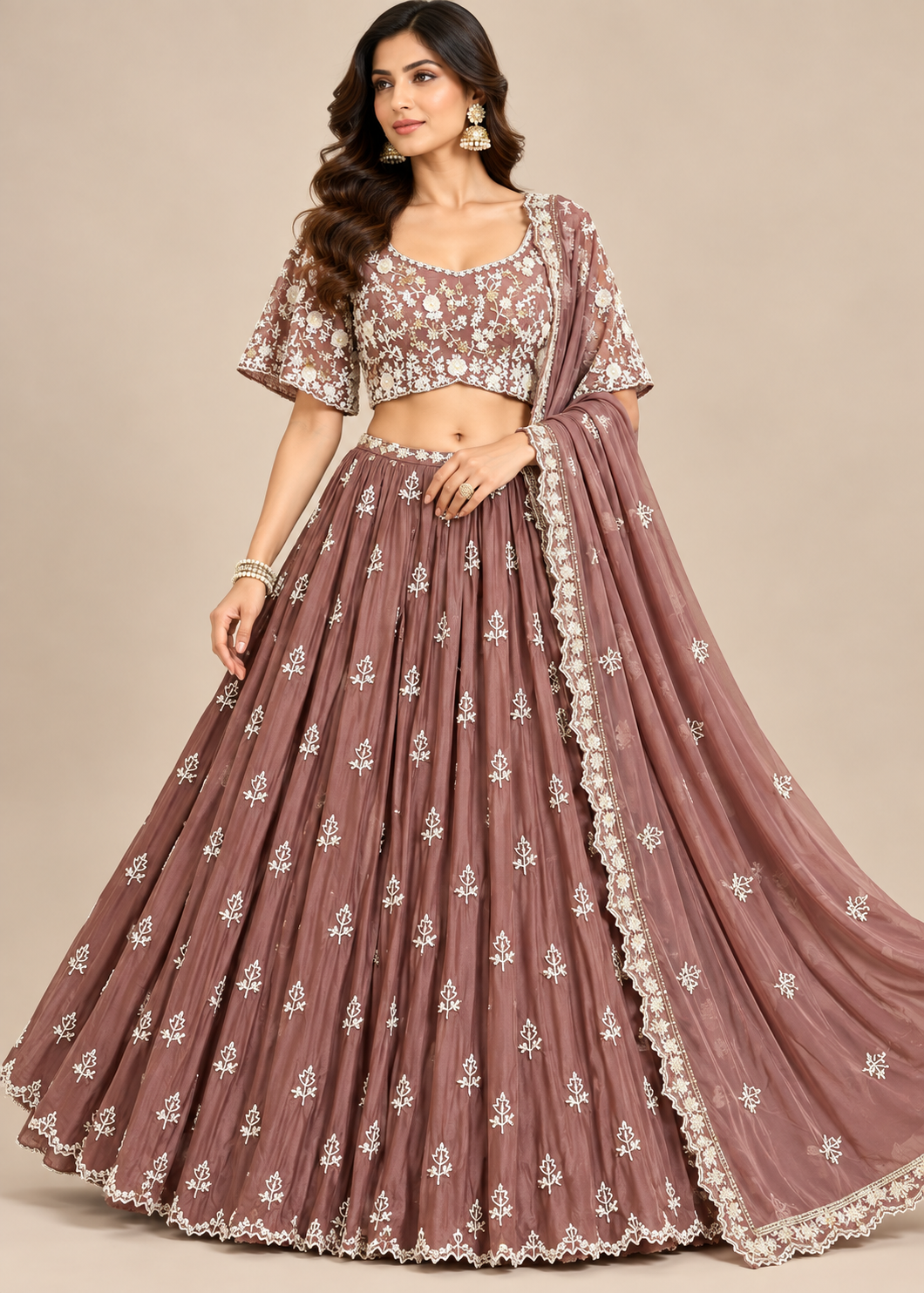 Chikoo Brown Embroidered Lehenga with Matching Dupatta
