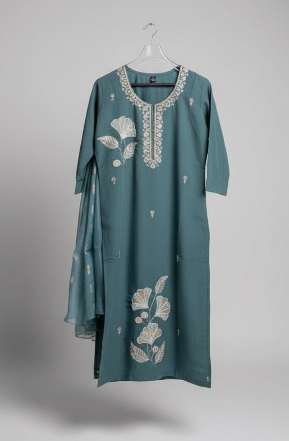 Teal Silk Chanderi Suit Set