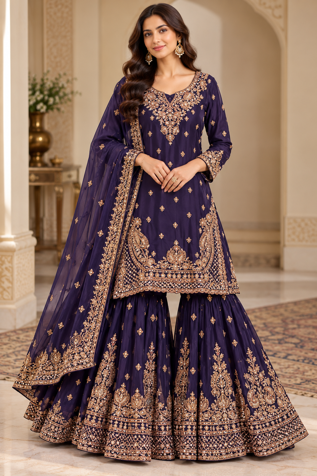Navy Blue Embroidered Sharara Suit