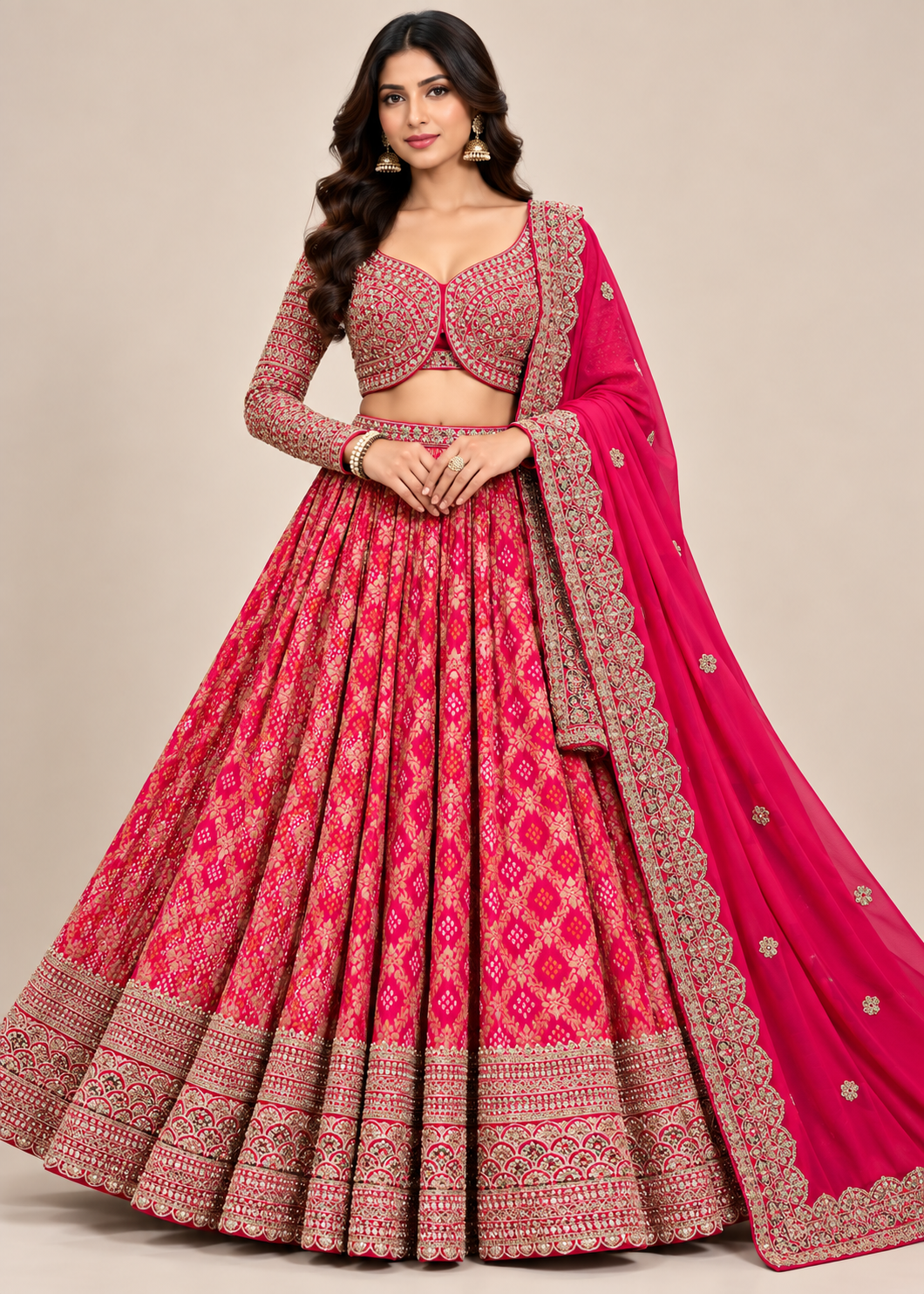 Rani Pink Bandhani & Zardozi Embroidered Bridal Lehenga Set